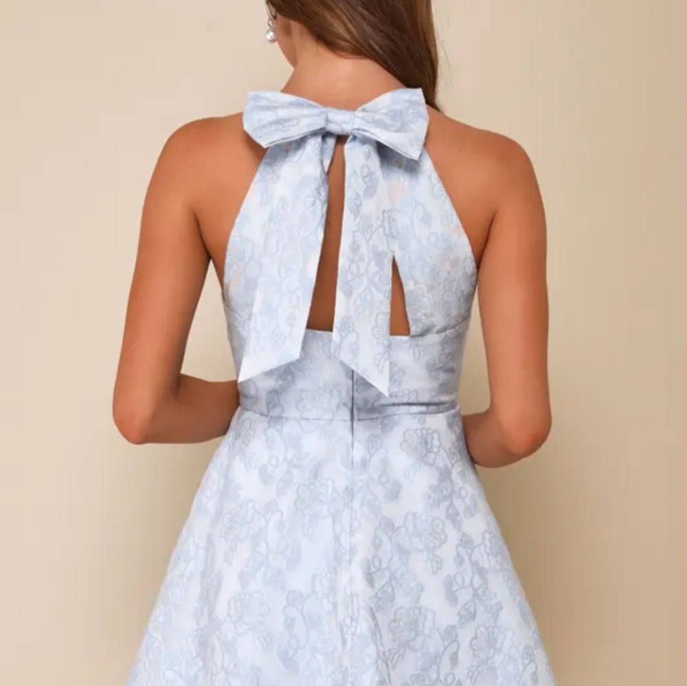 Lulus Pleasantly Darling Blue Jacquard Floral Backless Mini Dress